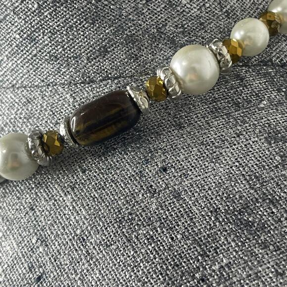 necklace Faux pearl and tiger's eye beaded costume jewelry natural neutral - Picture 2 of 11